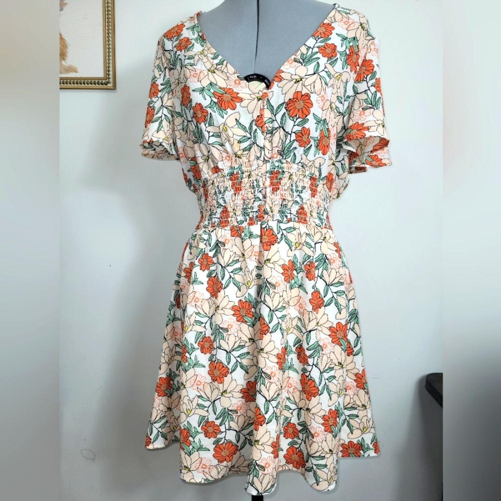 Floral V Neck Flutter Sleeve Fit n Flare Sring Mini Dress Size Large